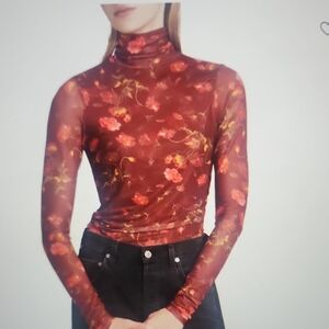 Cinq à Sept Falling Poppies Mesh Turtleneck Top Size S